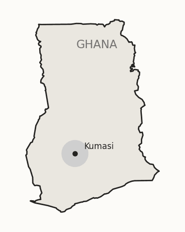 Outline map of Ghana with Kumasi marked