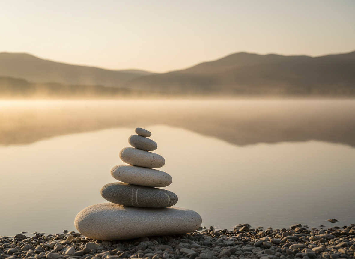Balanced stones on a misty lakeshore at sunrise