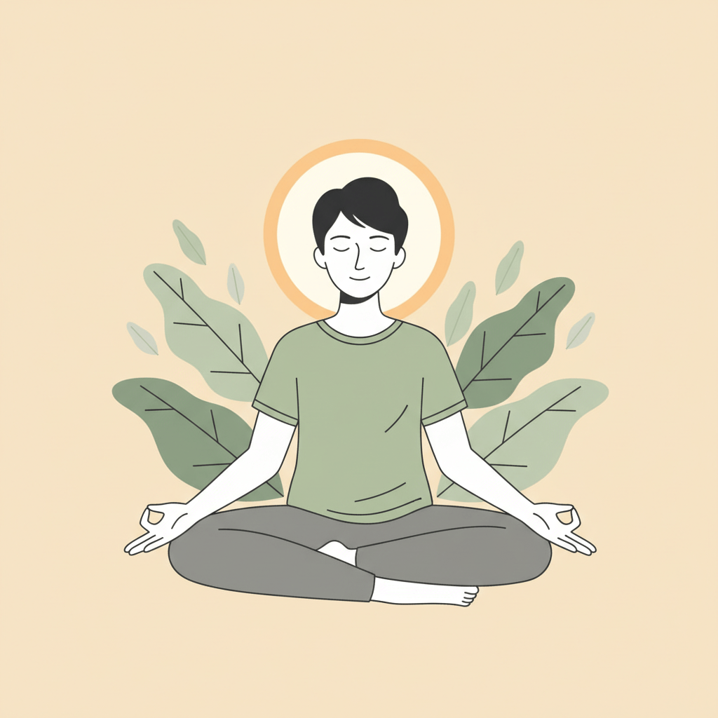 Illustration of a young person meditating among leaves